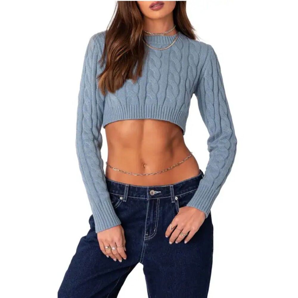 Edikted Raina Open Back Crop Crewneck Cable Knit Sweater Size XS